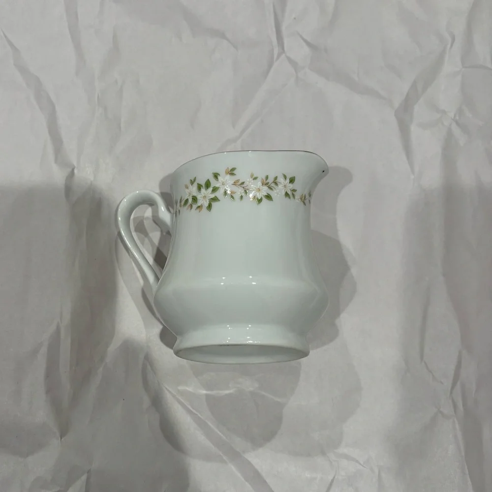 Ekco Vintage China Gravy Pitcher with Green and Gold Floral Accents with Plate